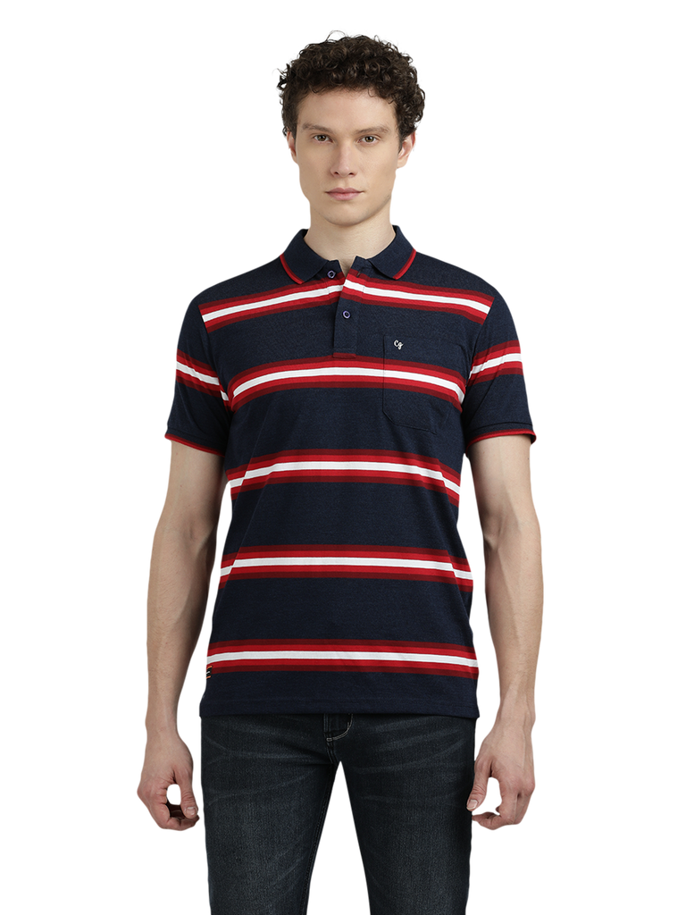 Model wearing Clarke Gable's Navy Blue With Red Striped Polo Collar T-Shirt in a casual setting