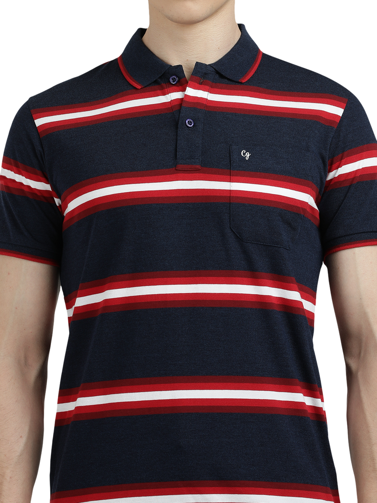 Model wearing Clarke Gable's Navy Blue With Red Striped Polo Collar T-Shirt in a casual setting