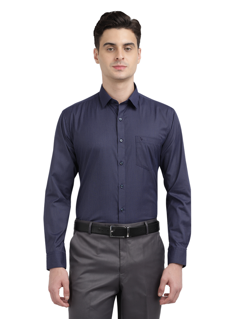 Model wearing Clarke Gable's Navy Blue With White Checked Formal Shirt in a casual setting