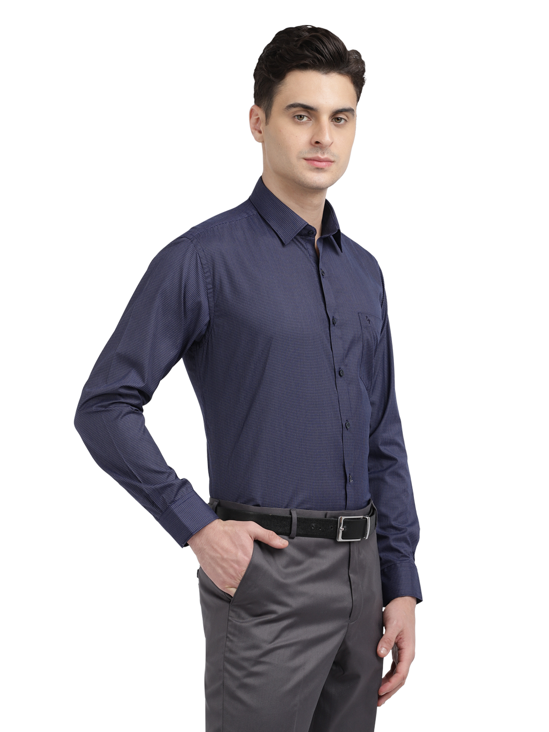 Model wearing Clarke Gable's Navy Blue With White Checked Formal Shirt in a casual setting