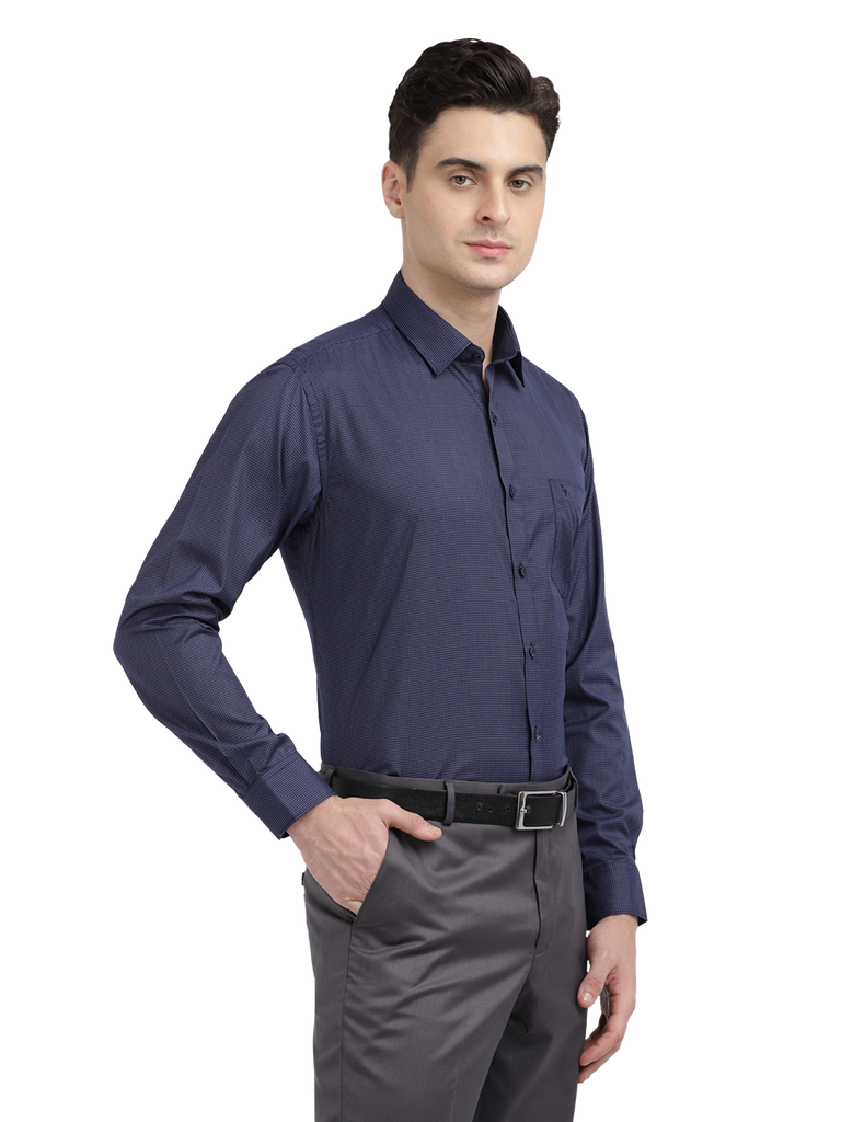 Model wearing Clarke Gable's Navy Blue With White Checked Formal Shirt in a casual setting