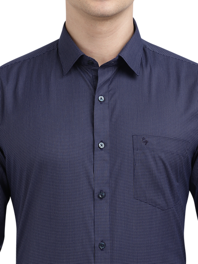 Model wearing Clarke Gable's Navy Blue With White Checked Formal Shirt in a casual setting