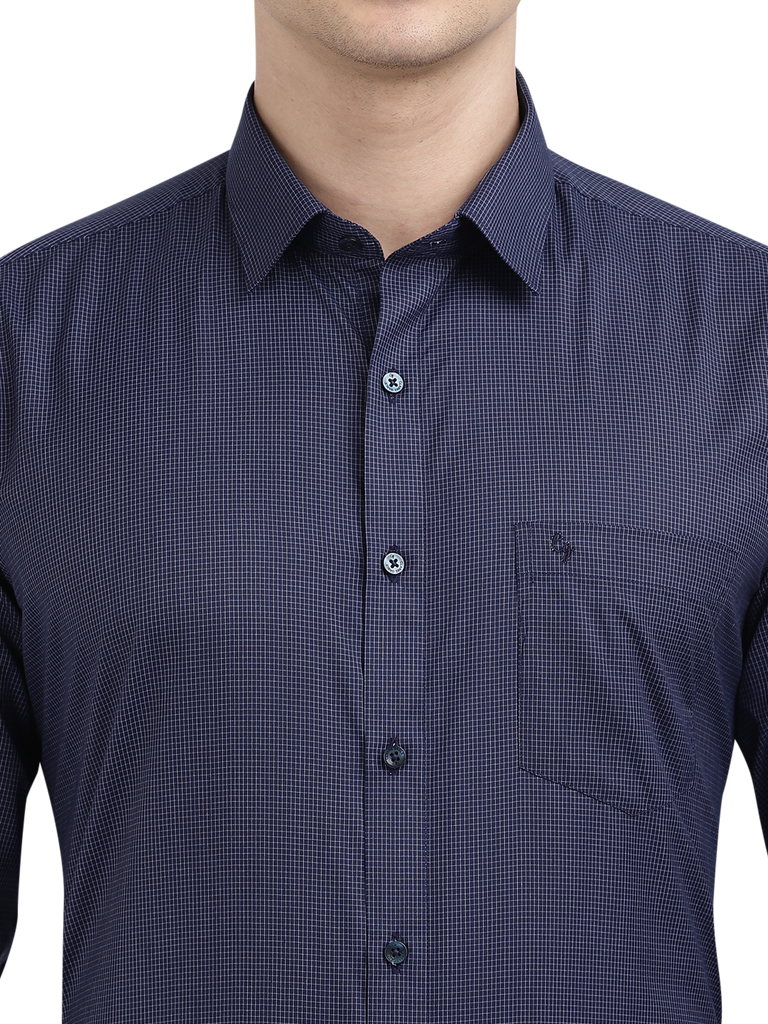 Model wearing Clarke Gable's Navy Blue With White Checked Formal Shirt in a casual setting