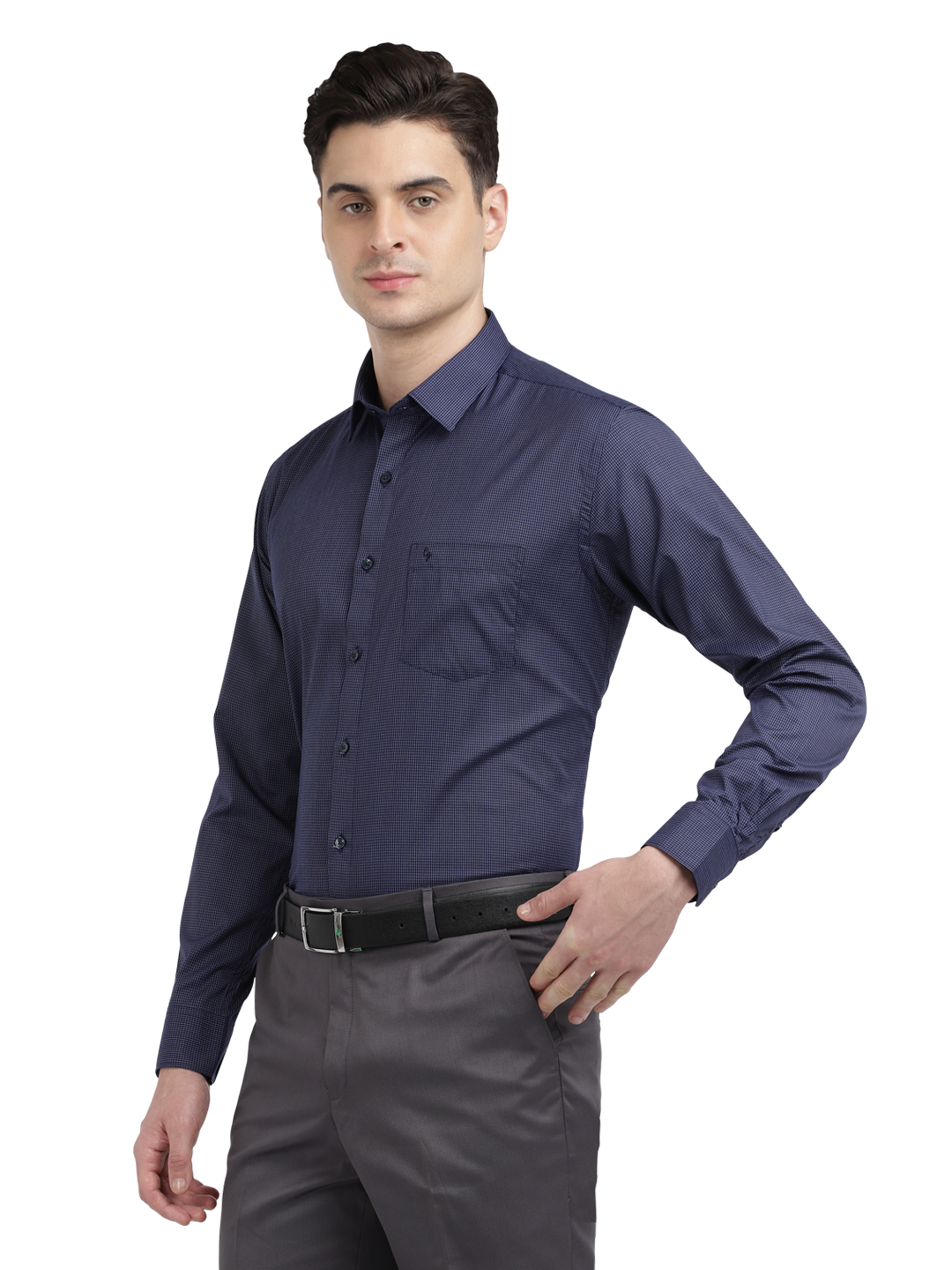 Model wearing Clarke Gable's Navy Blue With White Checked Formal Shirt in a casual setting
