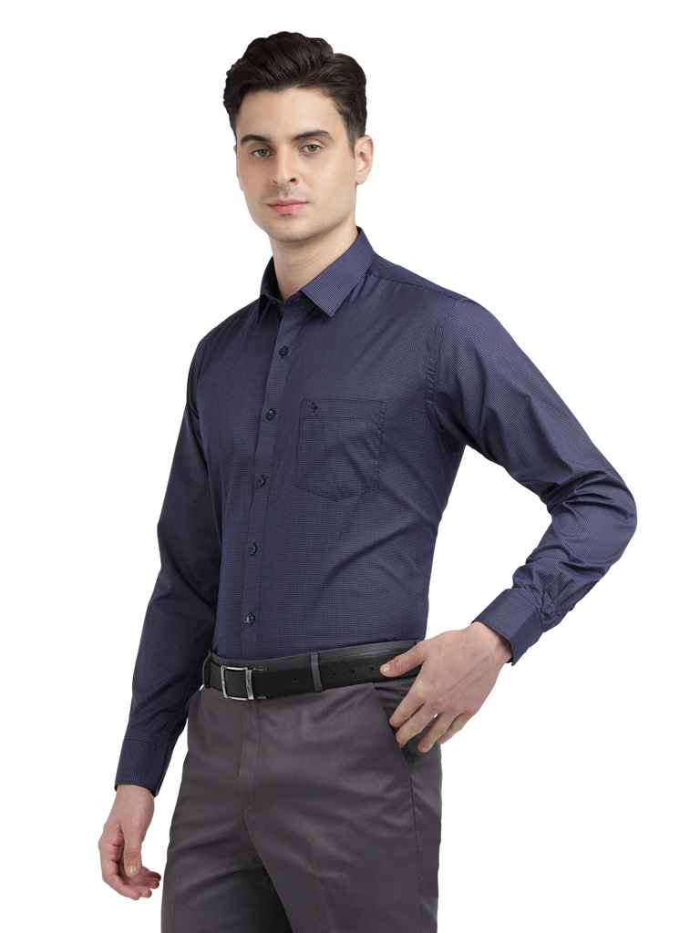Model wearing Clarke Gable's Navy Blue With White Checked Formal Shirt in a casual setting