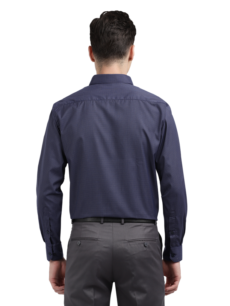 Model wearing Clarke Gable's Navy Blue With White Checked Formal Shirt in a casual setting
