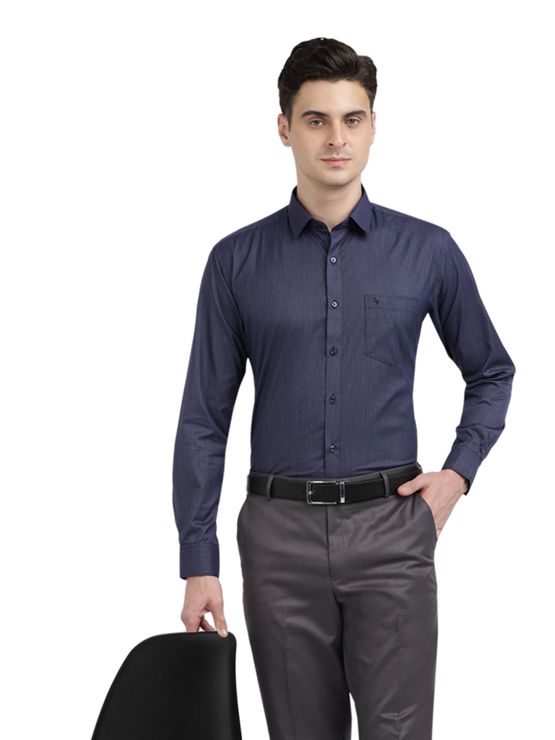 Model wearing Clarke Gable's Navy Blue With White Checked Formal Shirt in a casual setting