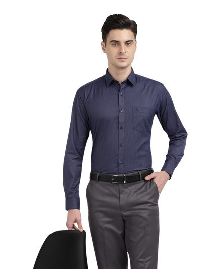 Model wearing Clarke Gable's Navy Blue With White Checked Formal Shirt in a casual setting