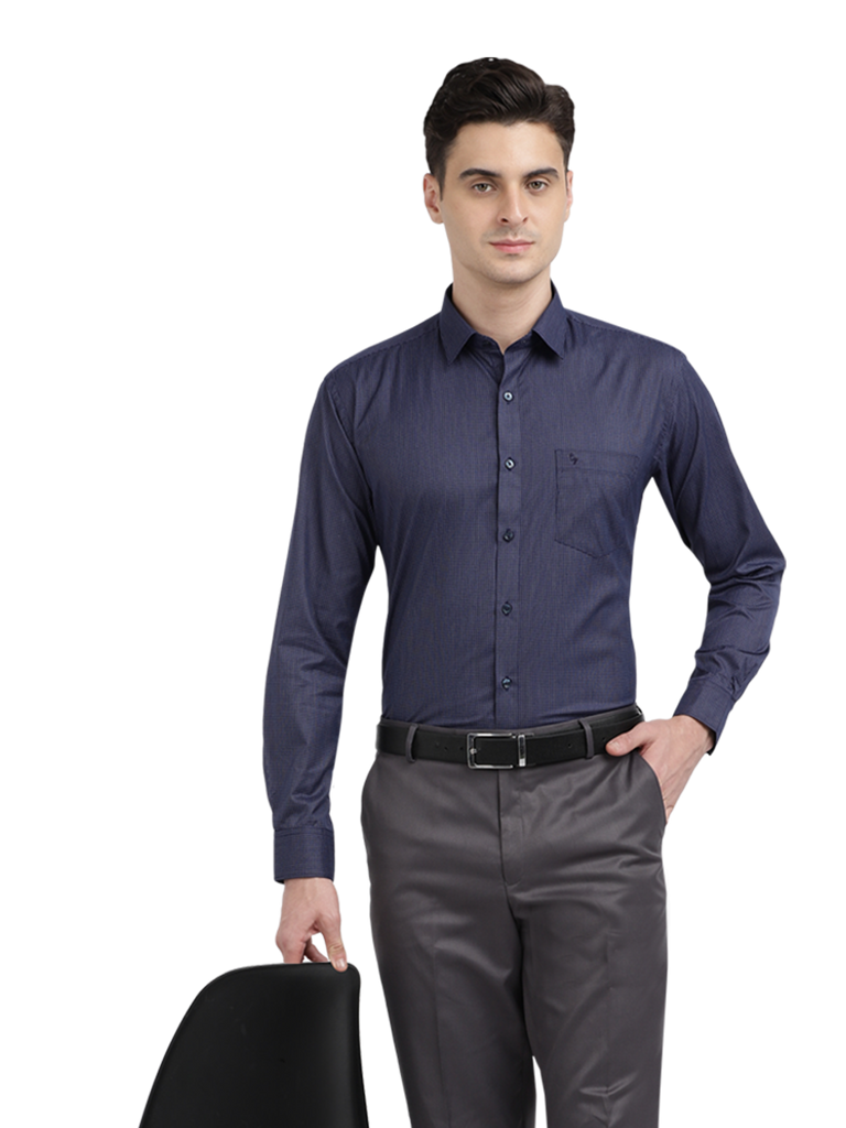 Model wearing Clarke Gable's Navy Blue With White Checked Formal Shirt in a casual setting
