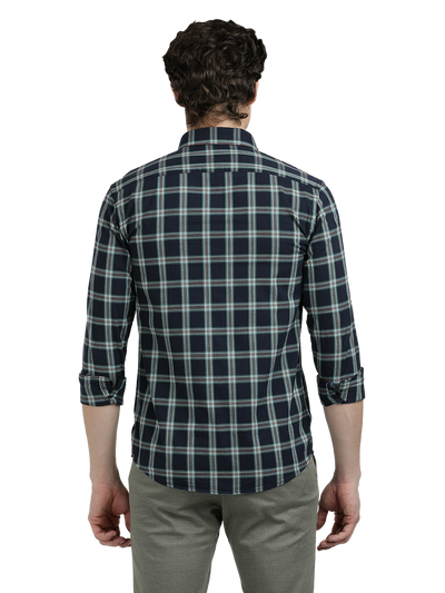 Model wearing Clarke Gable's Navy Blue With White Checked Semi Casual Shirt in a casual setting
