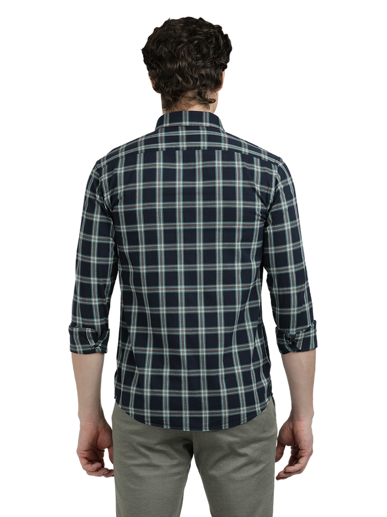 Model wearing Clarke Gable's Navy Blue With White Checked Semi Casual Shirt in a casual setting