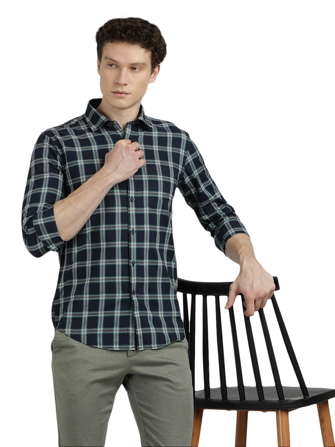 Model wearing Clarke Gable's Navy Blue With White Checked Semi Casual Shirt in a casual setting