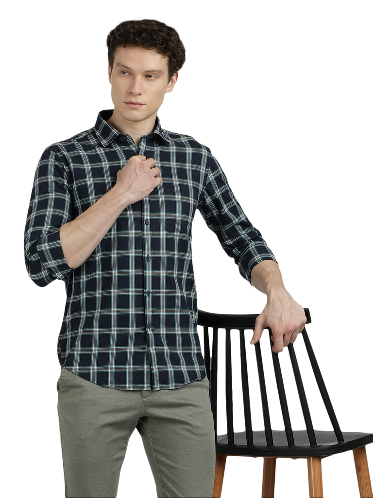 Model wearing Clarke Gable's Navy Blue With White Checked Semi Casual Shirt in a casual setting