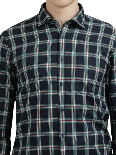 Model wearing Clarke Gable's Navy Blue With White Checked Semi Casual Shirt in a casual setting