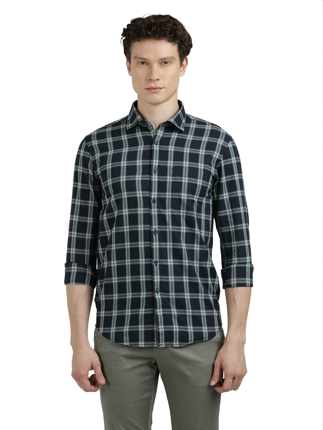 Model wearing Clarke Gable's Navy Blue With White Checked Semi Casual Shirt in a casual setting