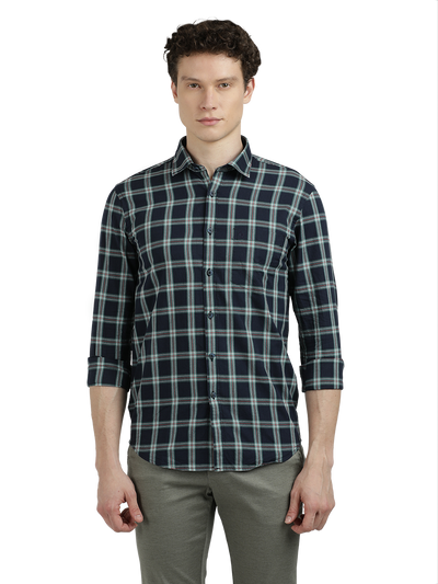 Model wearing Clarke Gable's Navy Blue With White Checked Semi Casual Shirt in a casual setting