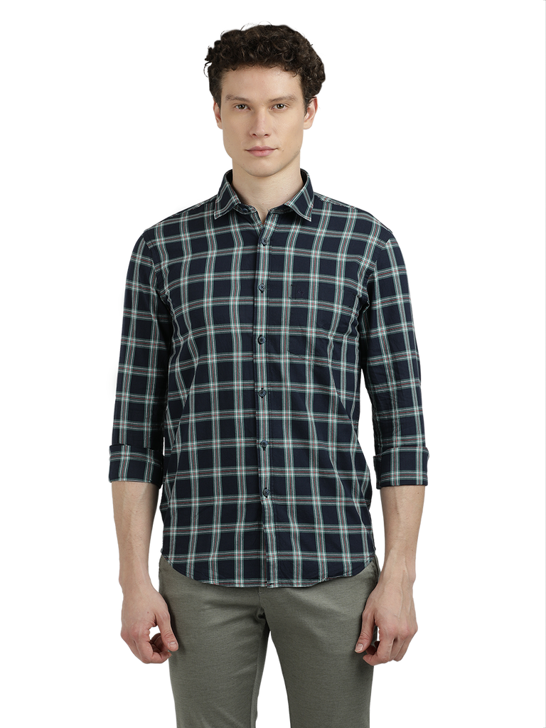 Model wearing Clarke Gable's Navy Blue With White Checked Semi Casual Shirt in a casual setting