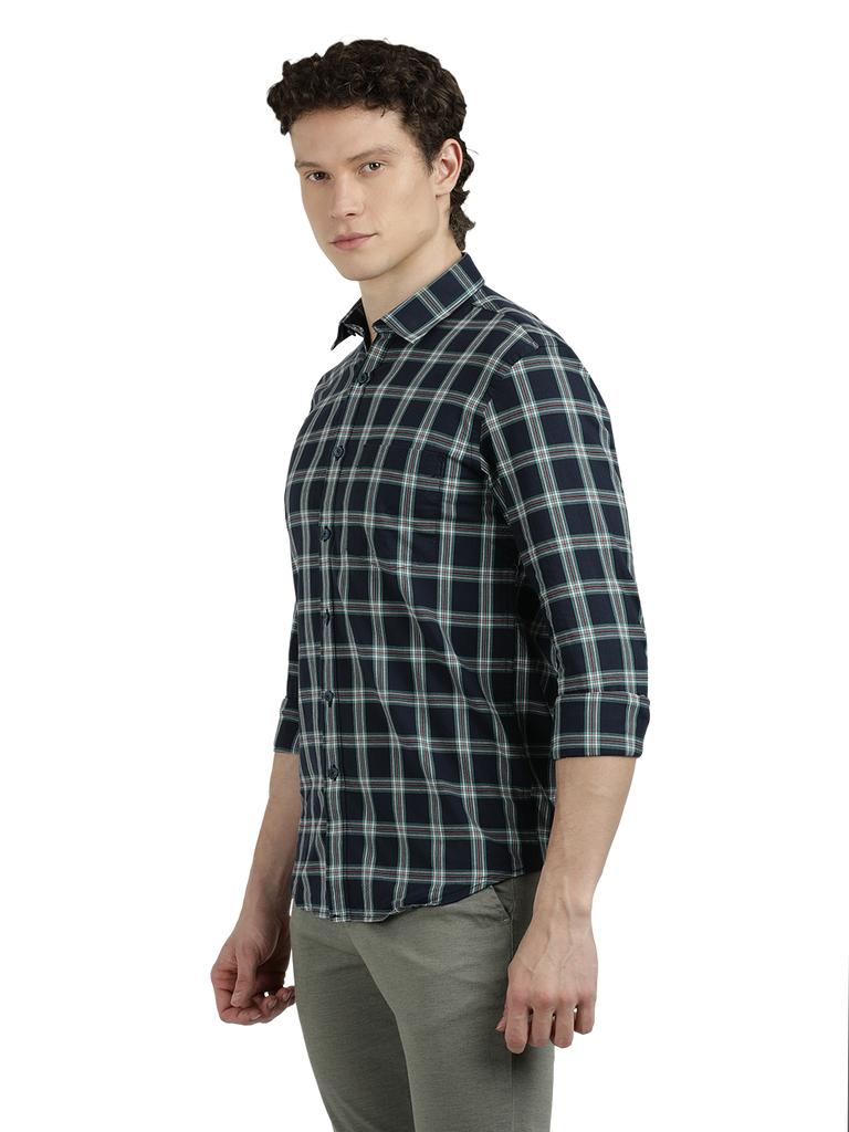 Model wearing Clarke Gable's Navy Blue With White Checked Semi Casual Shirt in a casual setting