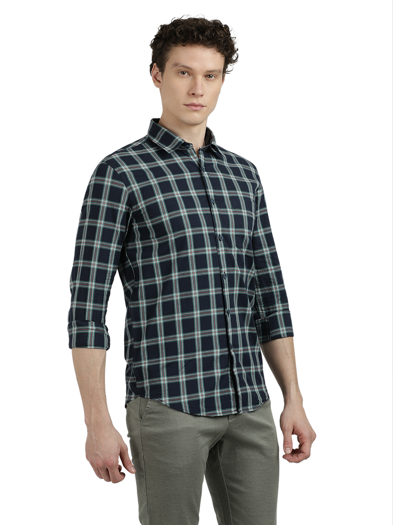 Model wearing Clarke Gable's Navy Blue With White Checked Semi Casual Shirt in a casual setting