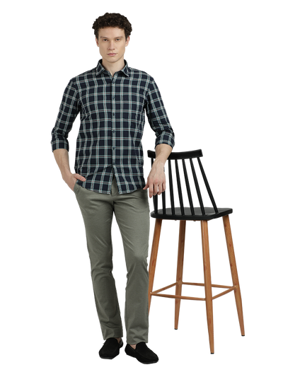 Model wearing Clarke Gable's Navy Blue With White Checked Semi Casual Shirt in a casual setting