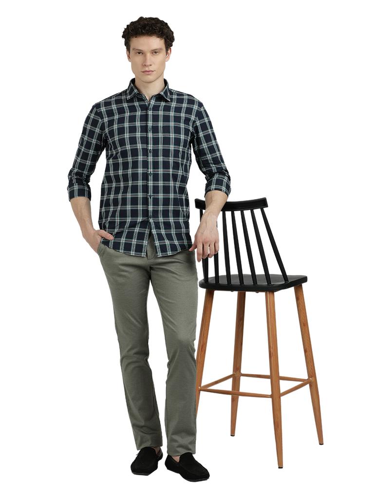 Model wearing Clarke Gable's Navy Blue With White Checked Semi Casual Shirt in a casual setting