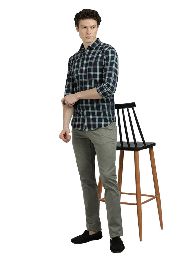 Model wearing Clarke Gable's Navy Blue With White Checked Semi Casual Shirt in a casual setting