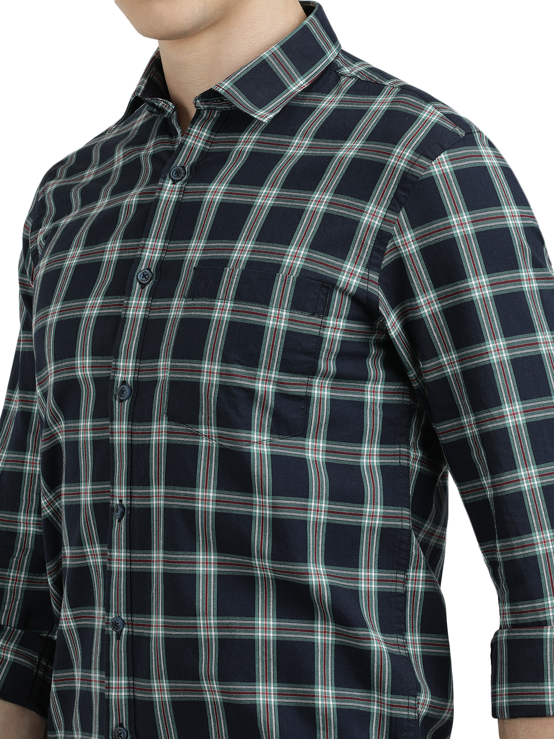 Model wearing Clarke Gable's Navy Blue With White Checked Semi Casual Shirt in a casual setting