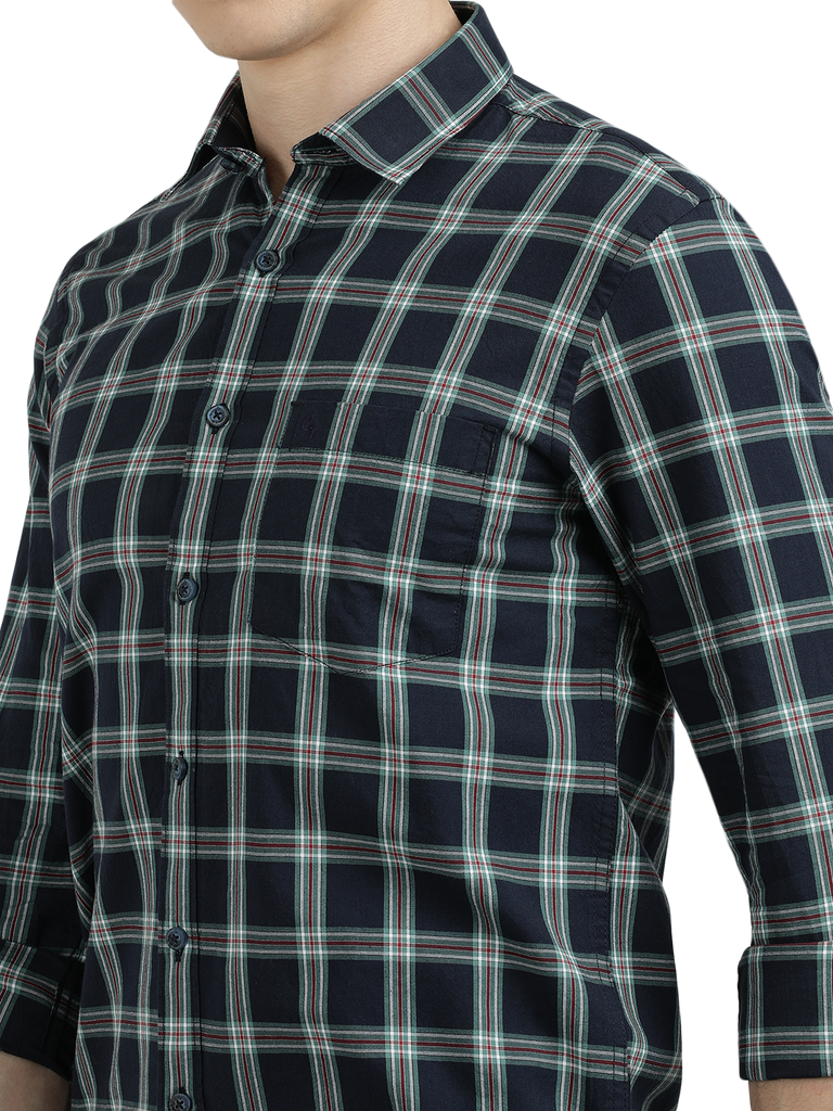 Model wearing Clarke Gable's Navy Blue With White Checked Semi Casual Shirt in a casual setting