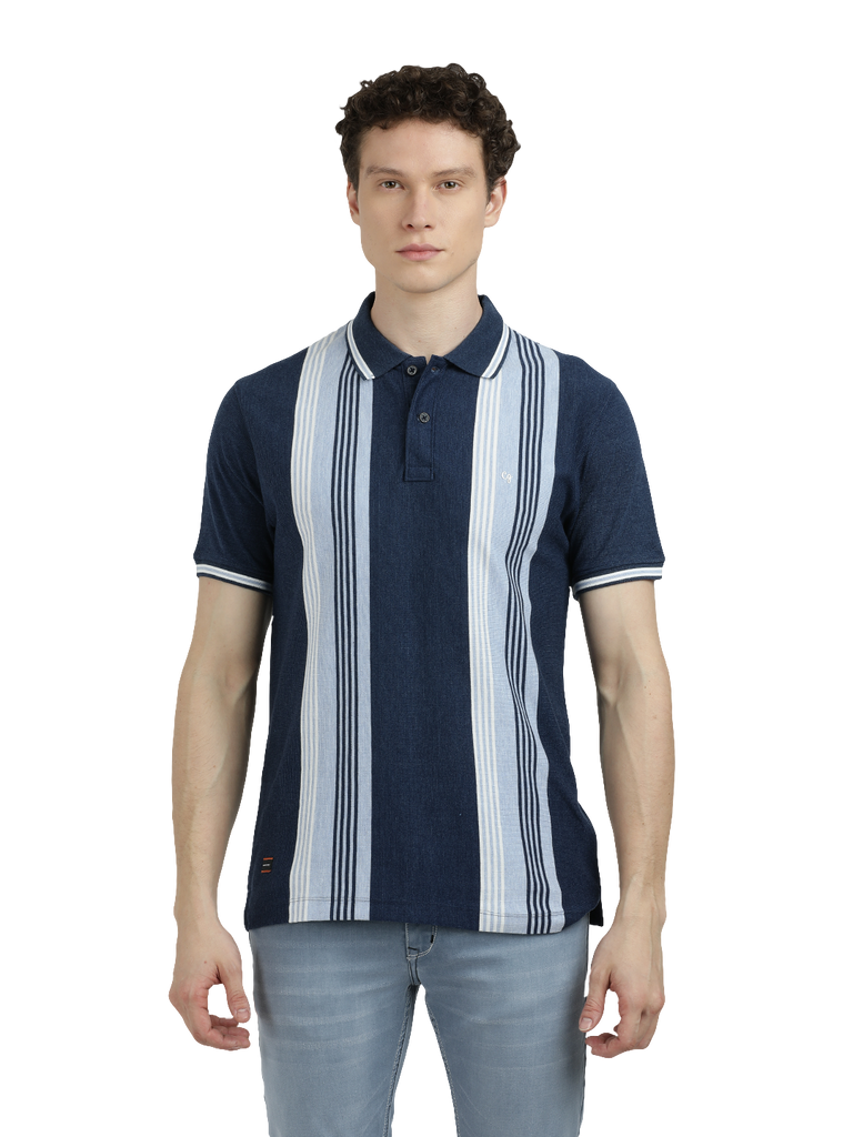 Model wearing Clarke Gable's Navy Blue with Light Blue Striped Polo Collar T-Shirt in a casual setting