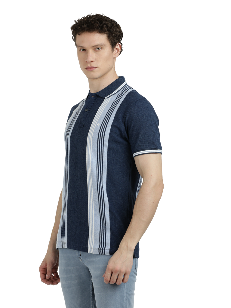Model wearing Clarke Gable's Navy Blue with Light Blue Striped Polo Collar T-Shirt in a casual setting