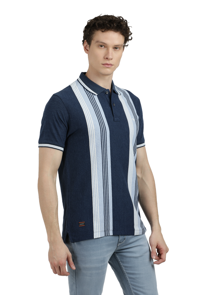 Model wearing Clarke Gable's Navy Blue with Light Blue Striped Polo Collar T-Shirt in a casual setting