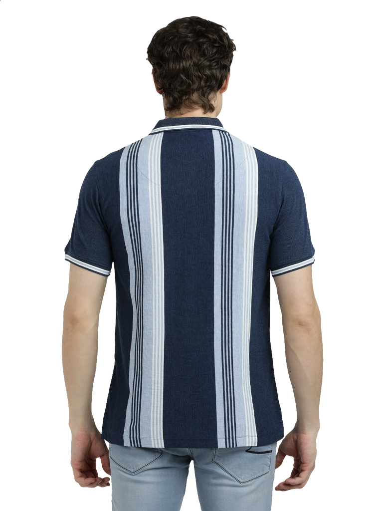Model wearing Clarke Gable's Navy Blue with Light Blue Striped Polo Collar T-Shirt in a casual setting