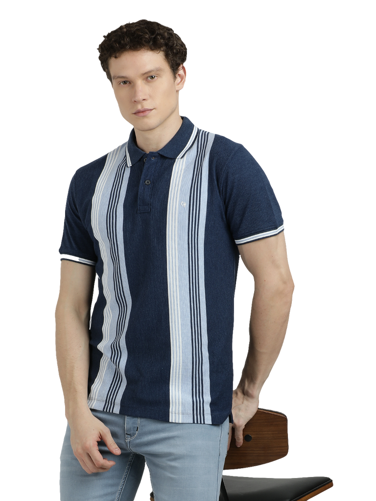 Model wearing Clarke Gable's Navy Blue with Light Blue Striped Polo Collar T-Shirt in a casual setting