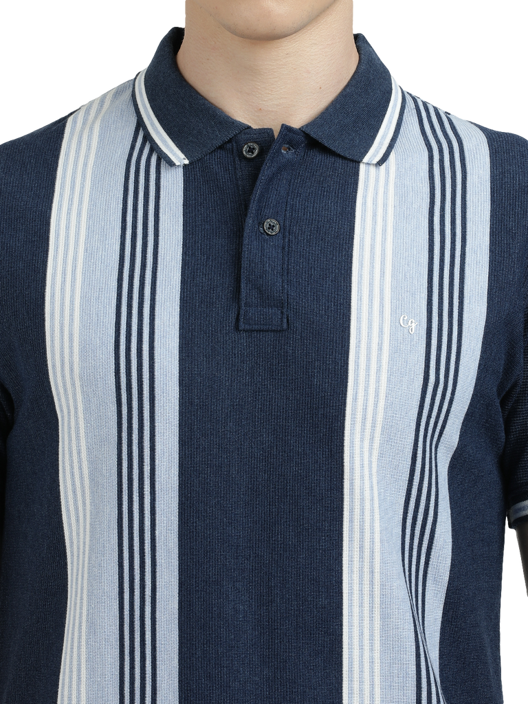 Model wearing Clarke Gable's Navy Blue with Light Blue Striped Polo Collar T-Shirt in a casual setting