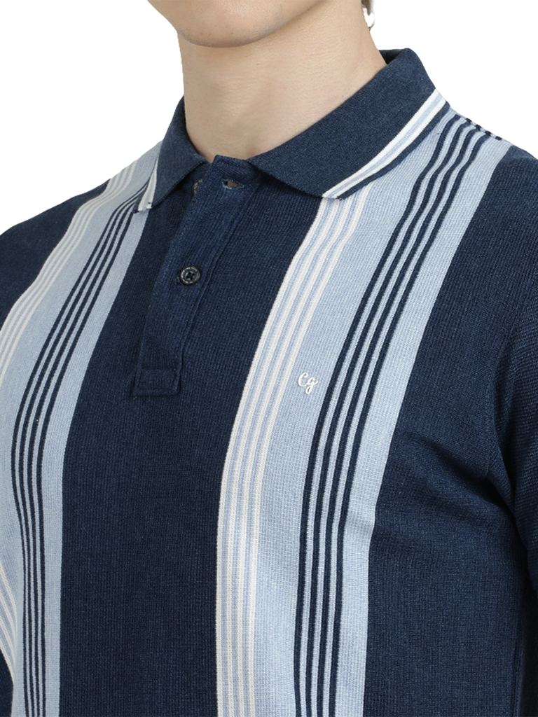 Model wearing Clarke Gable's Navy Blue with Light Blue Striped Polo Collar T-Shirt in a casual setting