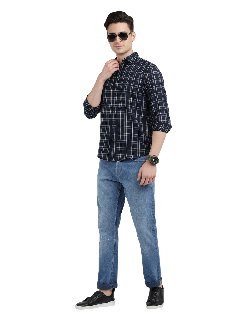 Model wearing Clarke Gable's Navy Checked Casual Shirt in a casual setting