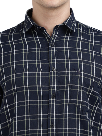 Model wearing Clarke Gable's Navy Checked Casual Shirt in a casual setting