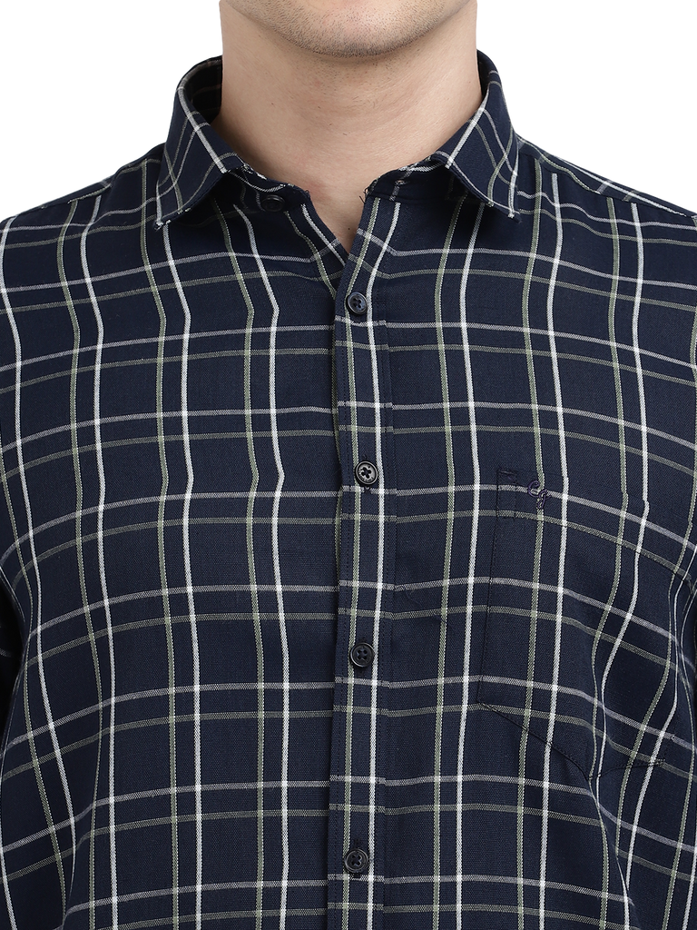 Model wearing Clarke Gable's Navy Checked Casual Shirt in a casual setting