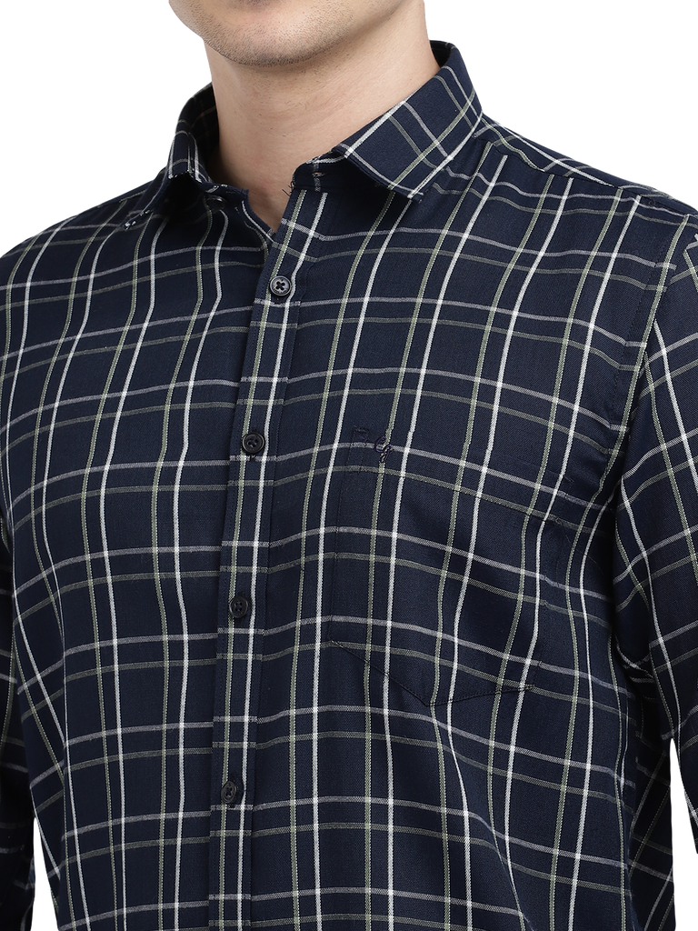 Model wearing Clarke Gable's Navy Checked Casual Shirt in a casual setting