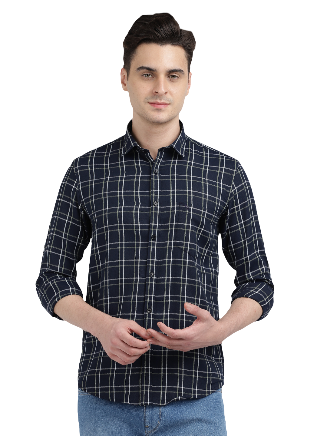 Model wearing Clarke Gable's Navy Checked Casual Shirt in a casual setting