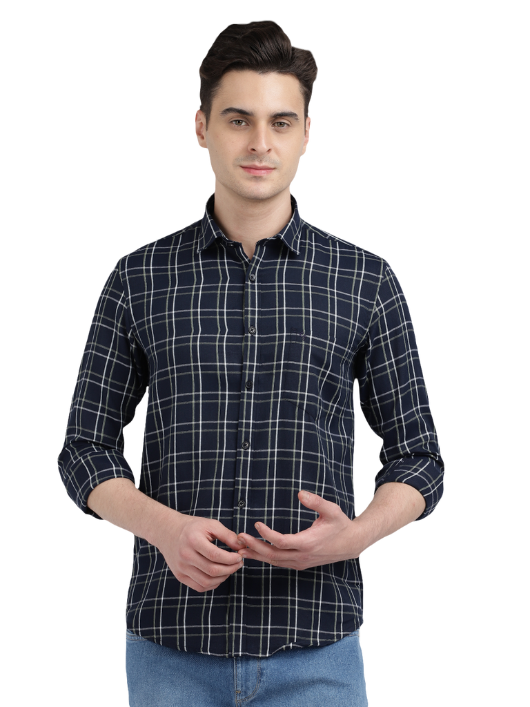 Model wearing Clarke Gable's Navy Checked Casual Shirt in a casual setting