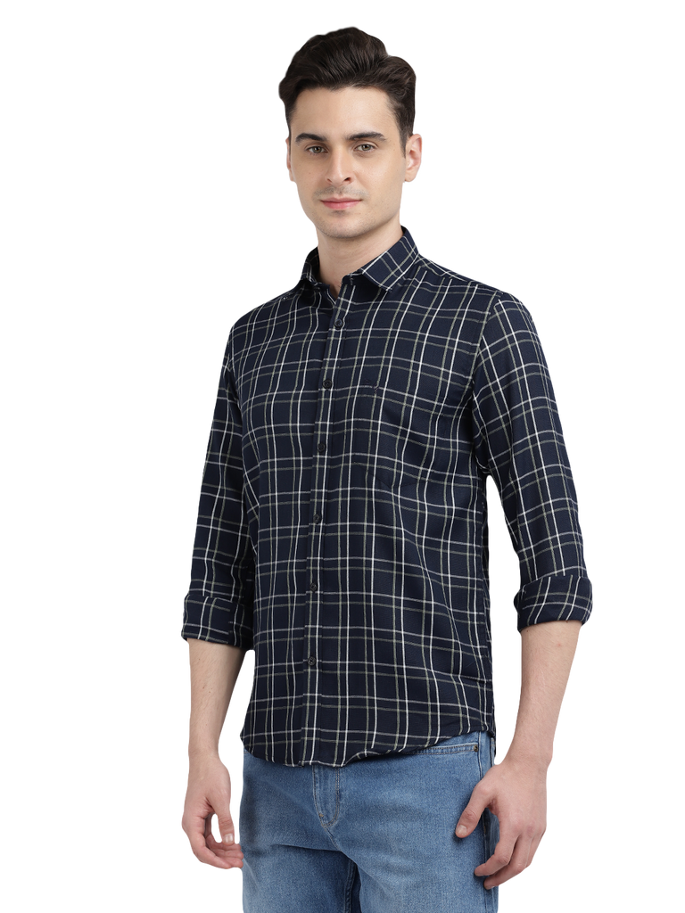 Model wearing Clarke Gable's Navy Checked Casual Shirt in a casual setting