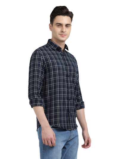 Model wearing Clarke Gable's Navy Checked Casual Shirt in a casual setting
