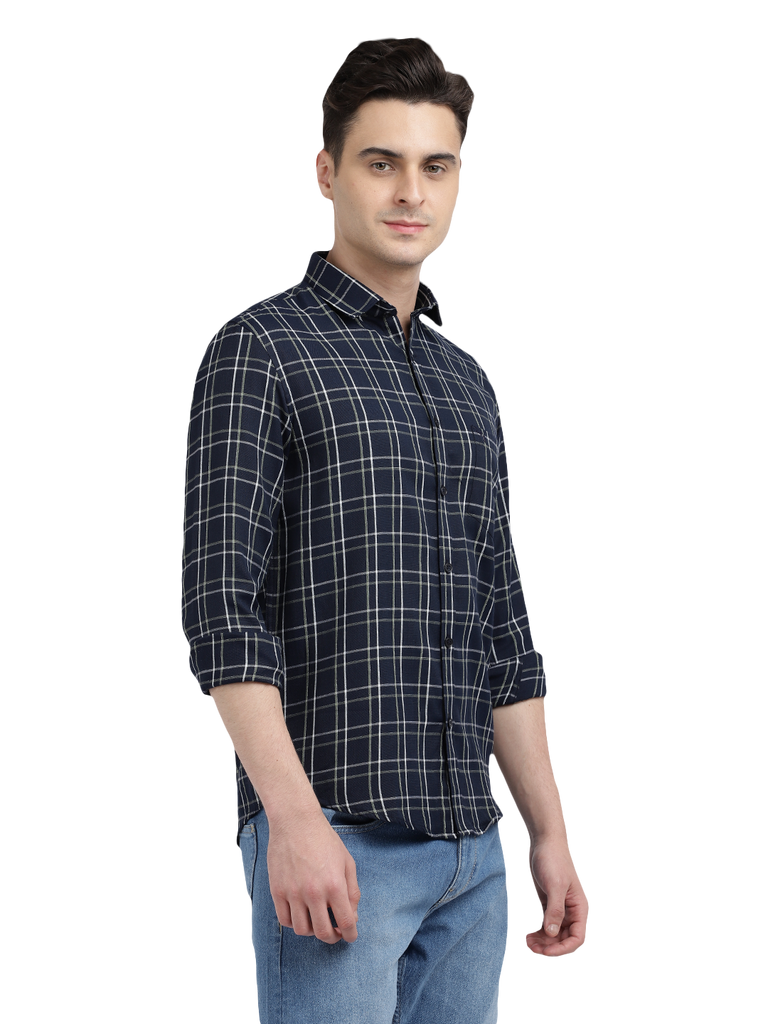 Model wearing Clarke Gable's Navy Checked Casual Shirt in a casual setting