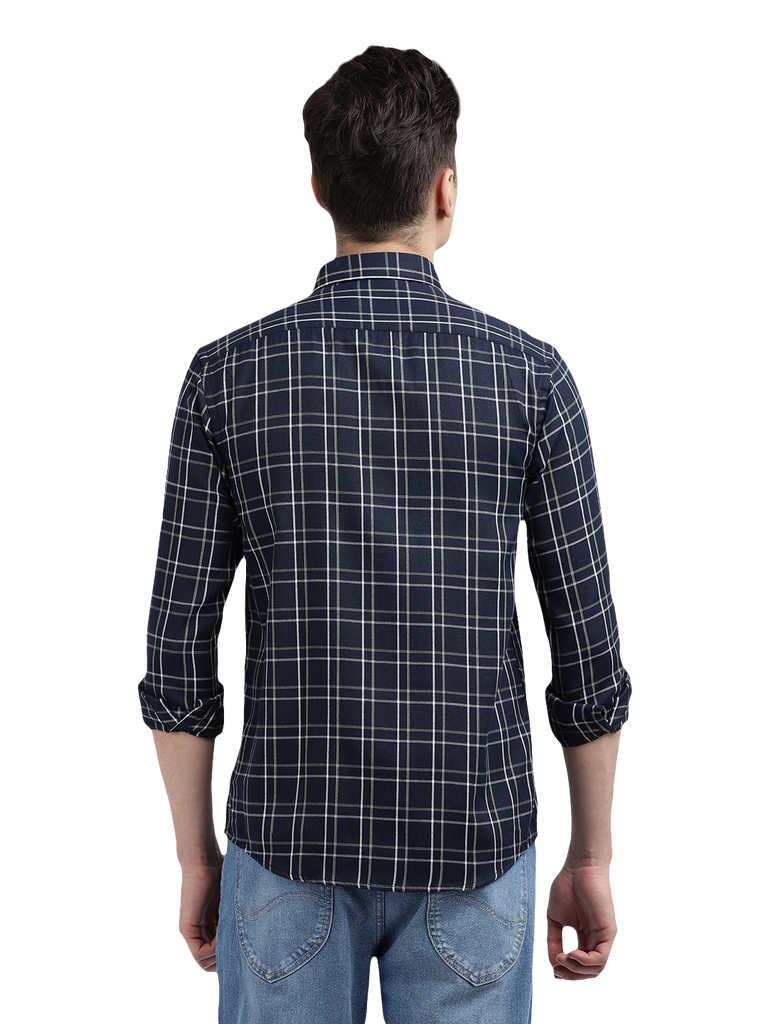 Model wearing Clarke Gable's Navy Checked Casual Shirt in a casual setting