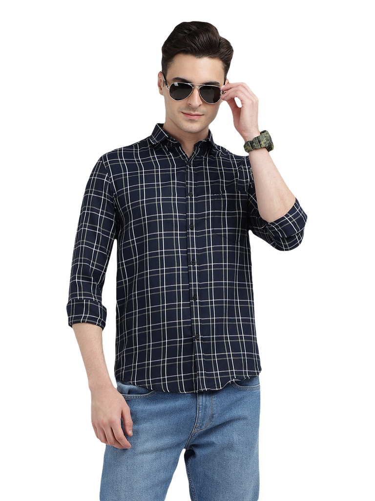 Model wearing Clarke Gable's Navy Checked Casual Shirt in a casual setting