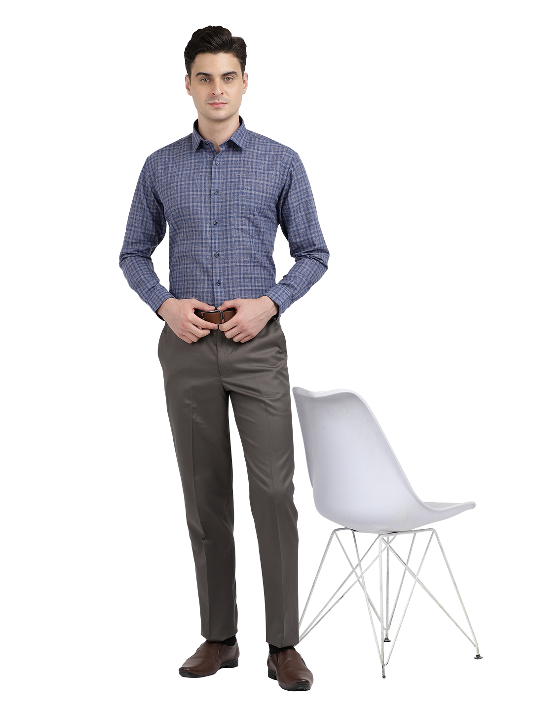 Model wearing Clarke Gable's Navy Checked Formal Shirt in a casual setting