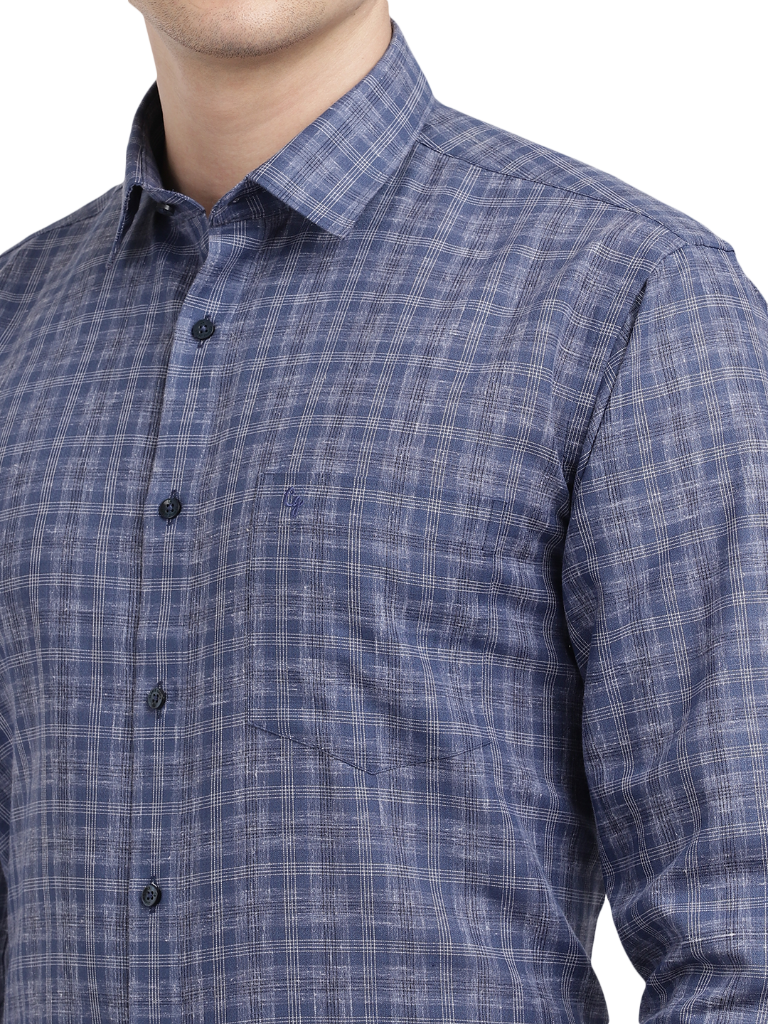 Model wearing Clarke Gable's Navy Checked Formal Shirt in a casual setting