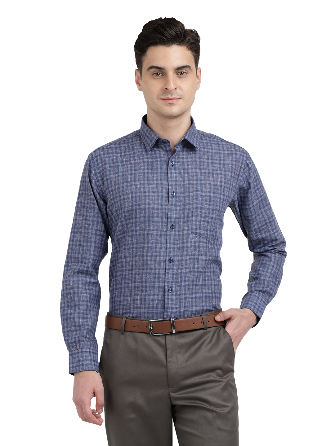 Model wearing Clarke Gable's Navy Checked Formal Shirt in a casual setting