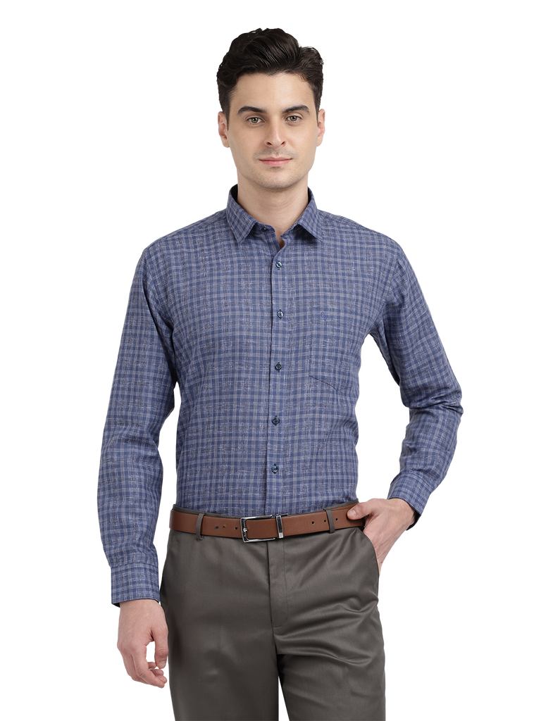 Model wearing Clarke Gable's Navy Checked Formal Shirt in a casual setting